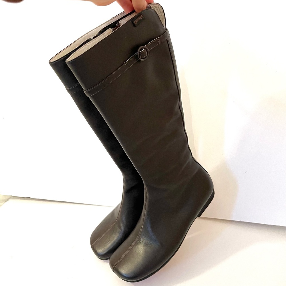 Camper Brown Leather Tall Boots Square Toe Side Zip EU 36